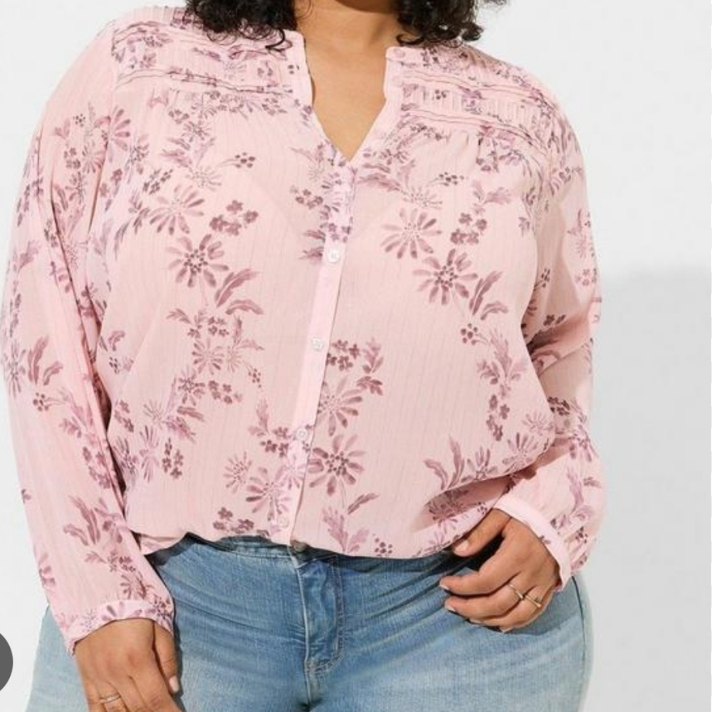 Torrid Crinkle Chiffon Pintuck Sheer Floral Blouse NWT Oversized Size 0X Pink